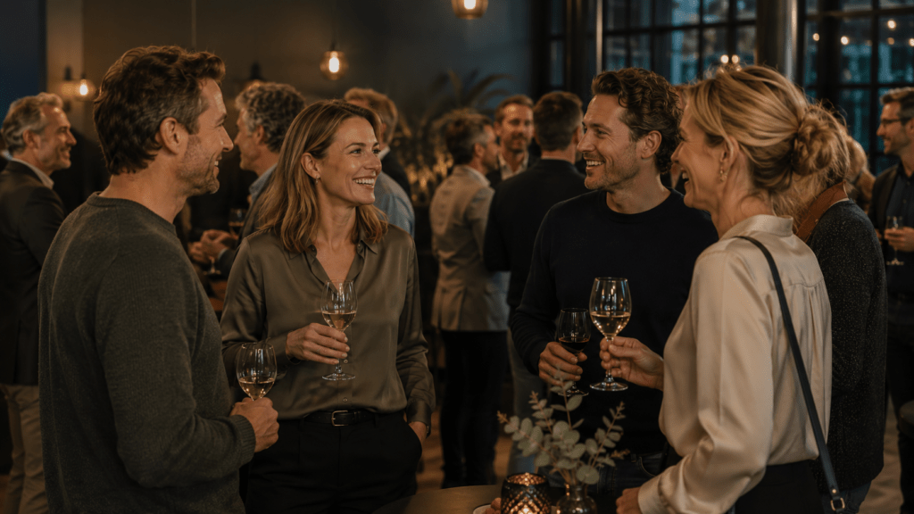 Singles in gesprek met een glas wijn tijdens de borrel voor alleengaanden van Match-Hunters