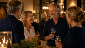 Iemand ontmoeten zonder app: groep singles in ontspannen gesprek tijdens een informele borrel