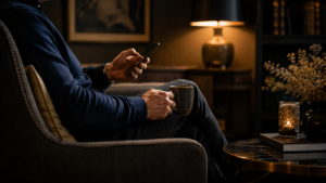 Discreet daten: persoon rustig met koffie en telefoon in een luwe, sfeervolle ruimte