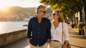 Dating 50+: een vrolijk koppel van rond de zestig wandelt lachend door een zonnig park