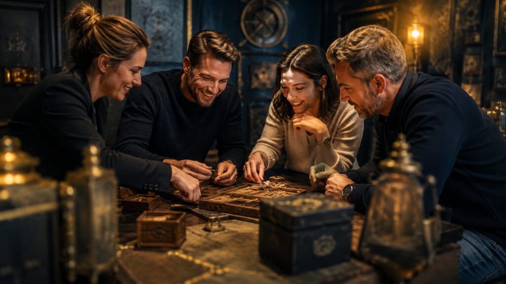 Vier singles lossen samen een puzzel op in de escape room tijdens Escape en Match