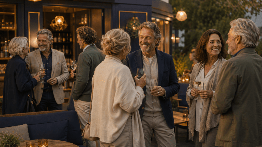Singles van 55 tot 75 jaar in gesprek op een sfeervol terras tijdens de alleengaanden borrel