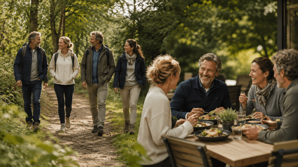 Wandelaars op een bospad en singles die samen lunchen tijdens het wandel- en lunchevent